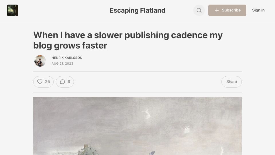 Screenshot of henrikkarlsson.xyz: When I have a slower publishing cadence my blog grows faster
