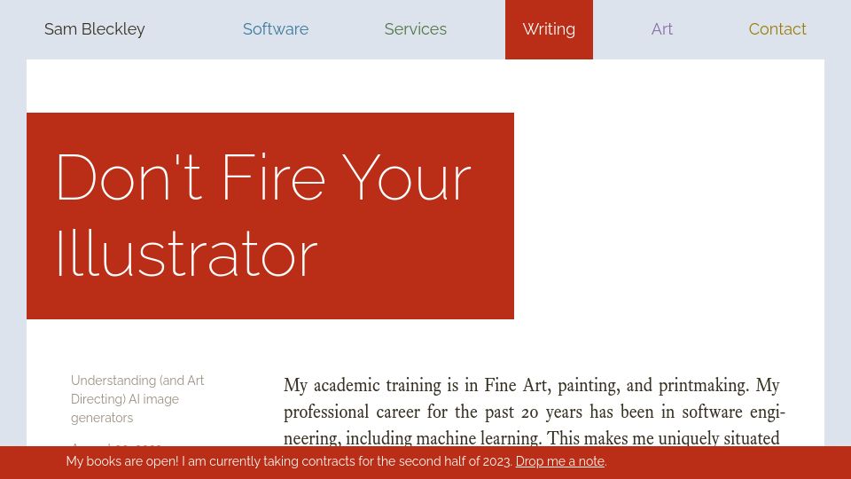 Screenshot of sambleckley.com: Don't fire your illustrator
