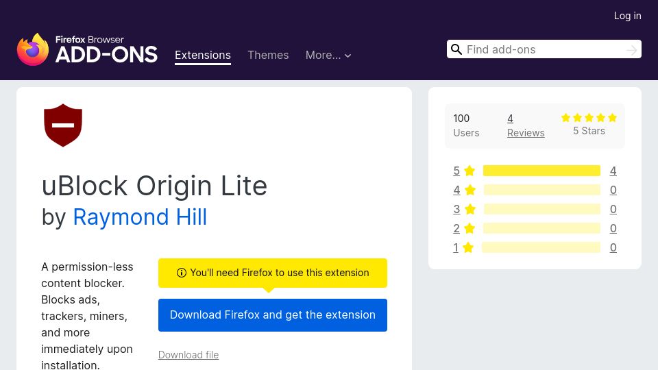 Screenshot of addons.mozilla.org: uBlock Origin Lite now available on Firefox