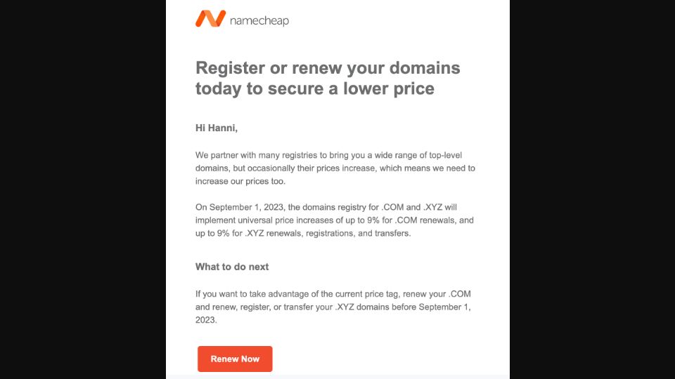 Screenshot of i.imgur.com: 9% price increase for .COM and .XYZ domains starting Sept 1, 2023