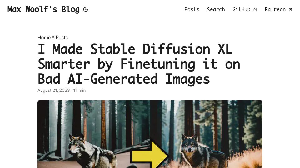 Screenshot of minimaxir.com: I Made Stable Diffusion XL Smarter by Finetuning It on Bad AI-Generated Images