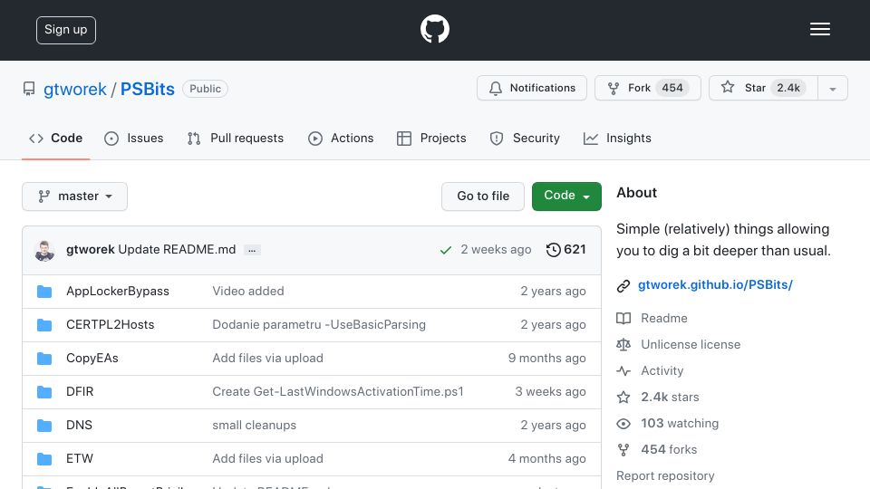 Screenshot of github.com: Simple PowerShell things allowing you to dig a bit deeper than usual