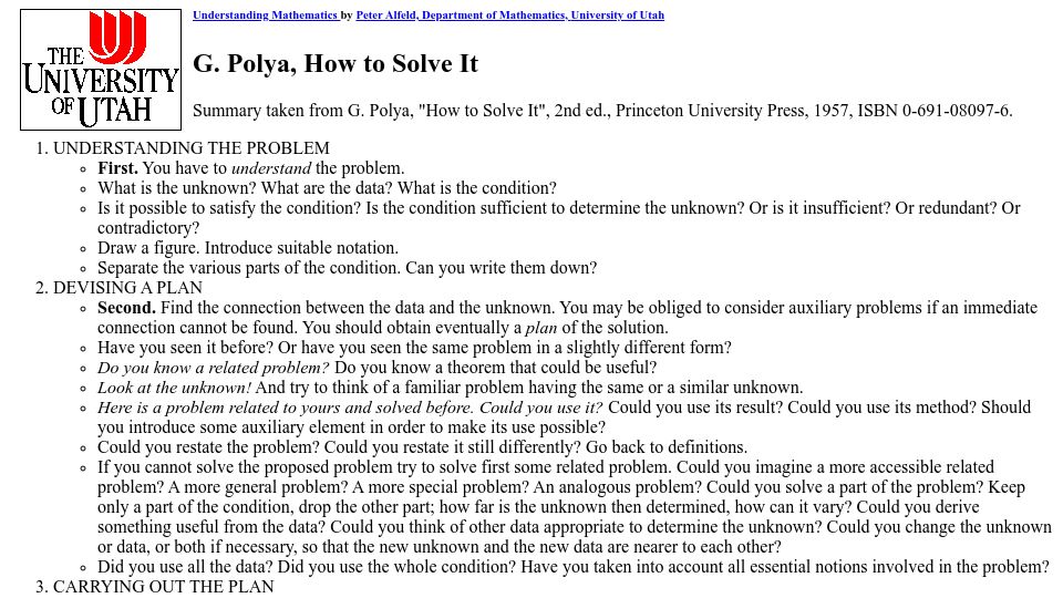Screenshot of math.utah.edu: How to Solve It (1945)