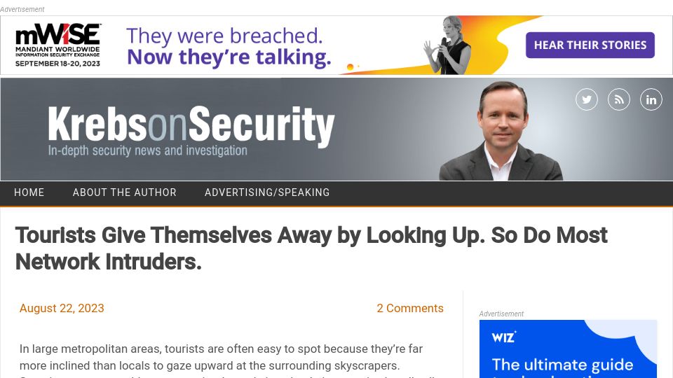 Screenshot of krebsonsecurity.com: Tourists Give Themselves Away by Looking Up. So Do Most Network Intruders