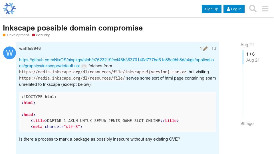 Screenshot of discourse.nixos.org: Inkscape possible domain compromise