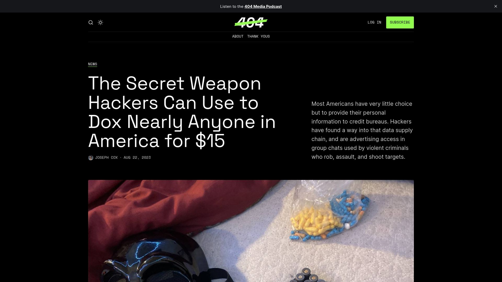 Screenshot of 404media.co: Hackers can use credit bureaus to dox nearly anyone in America