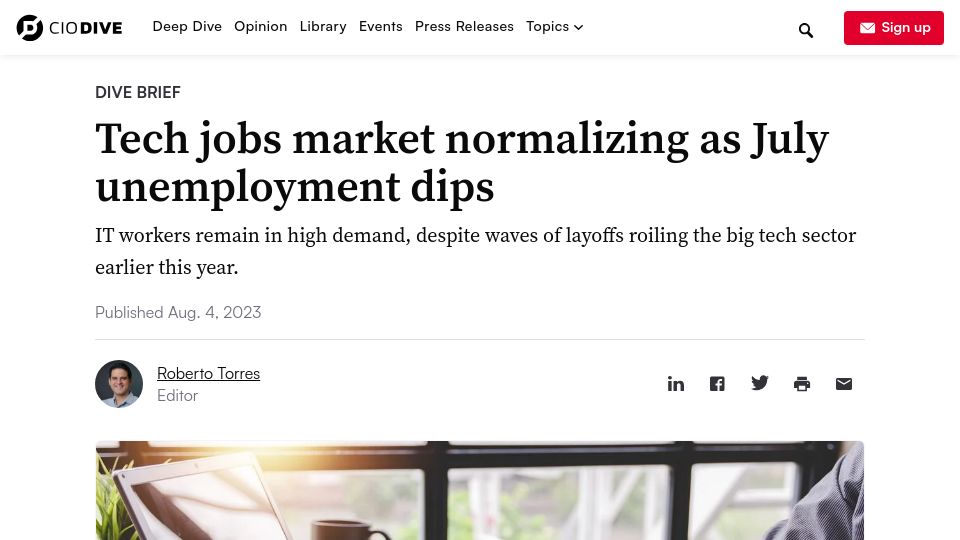 Screenshot of ciodive.com: Tech jobs market normalizing as July unemployment dips