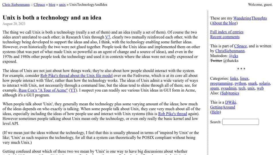 Screenshot of utcc.utoronto.ca: Unix is both a technology and an idea