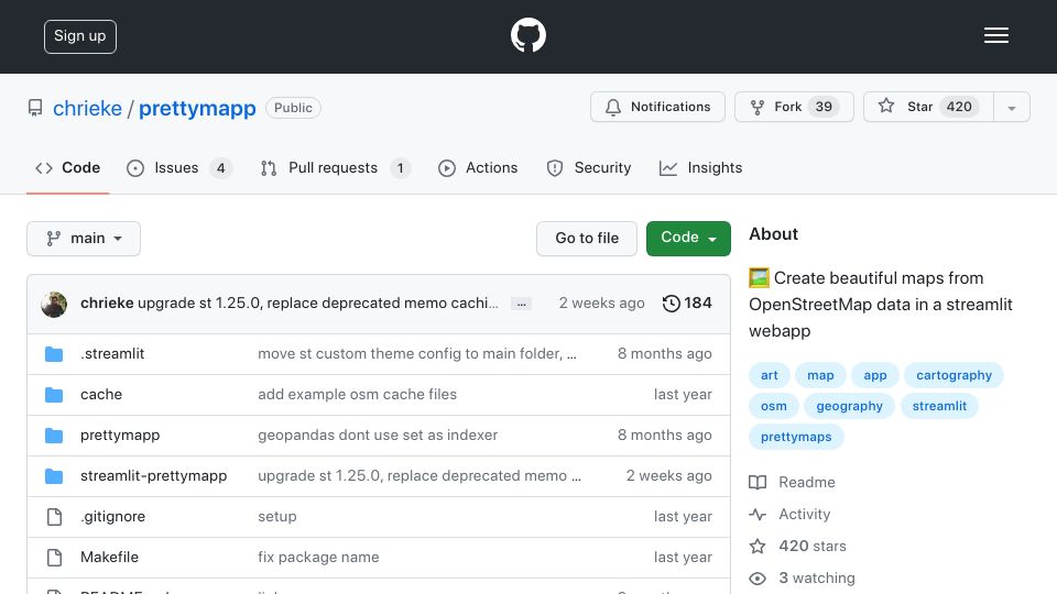 Screenshot of github.com: Prettymapp – Create maps from OpenStreetMap data in a Streamlit webapp