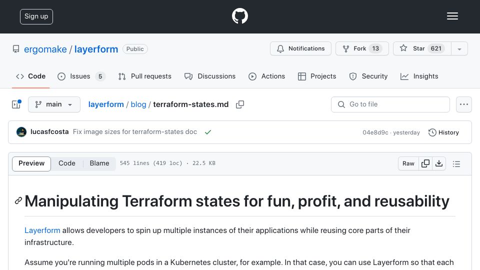 Screenshot of github.com: Manipulating Terraform states for fun, profit, and reusability