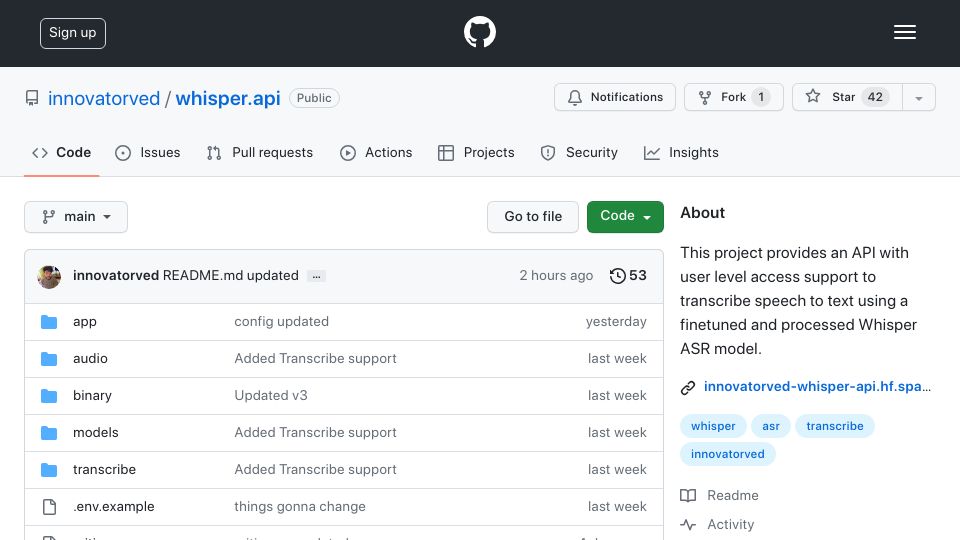 Screenshot of github.com: Whisper.api: Open-source, self-hosted speech-to-text with fast transcription