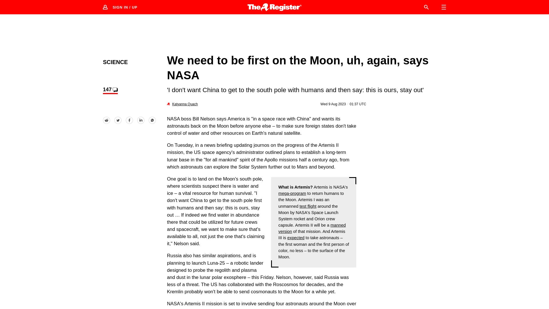 Screenshot of theregister.com: US must land astronauts on the Moon again