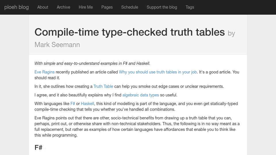 Screenshot of blog.ploeh.dk: Compile-Time Checked Truth Tables