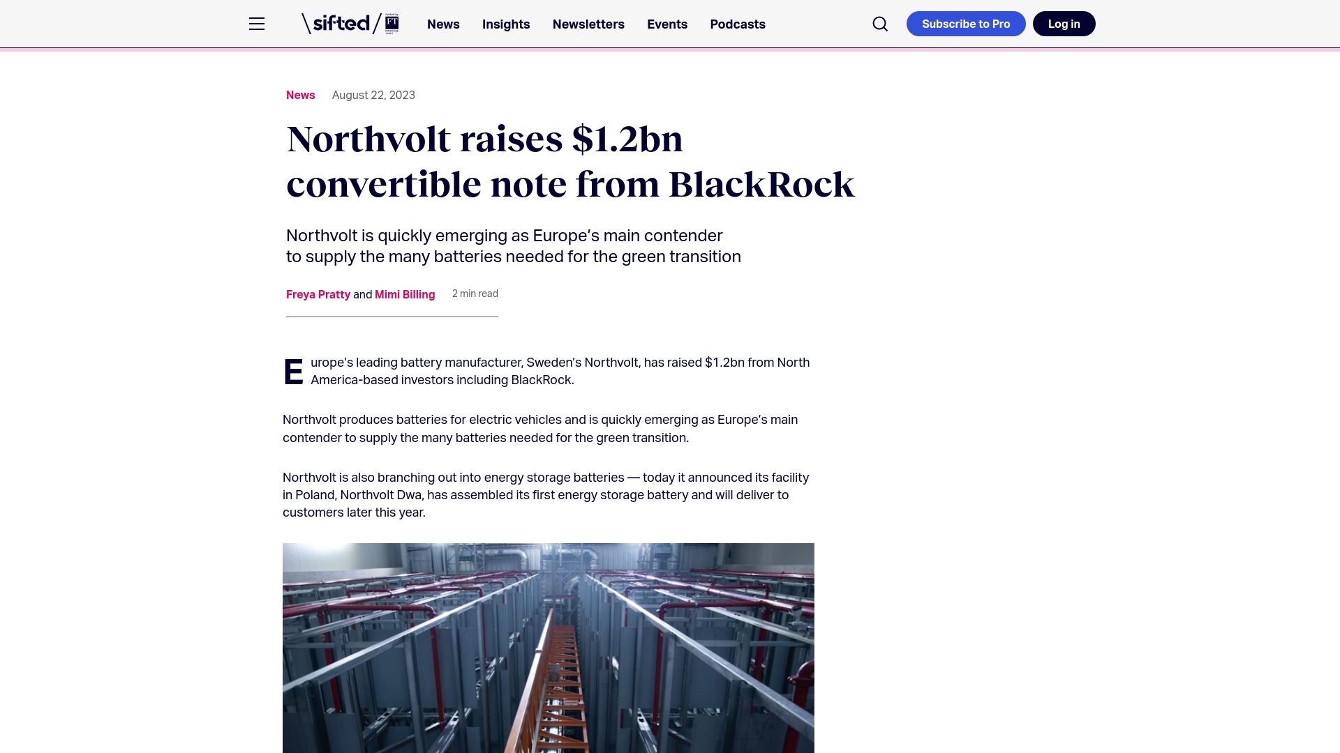 Screenshot of sifted.eu: Northvolt raises $1.2B convertible note from BlackRock
