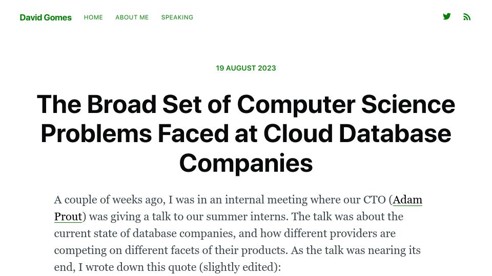 Screenshot of davidgomes.com: The broad set of computer science problems faced at cloud database companies