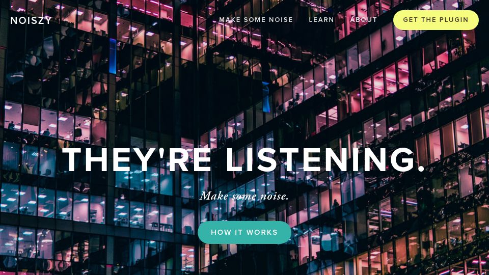 Screenshot of noiszy.com: Noiszy: A browser plugin that creates meaningless web data – digital “noise.”