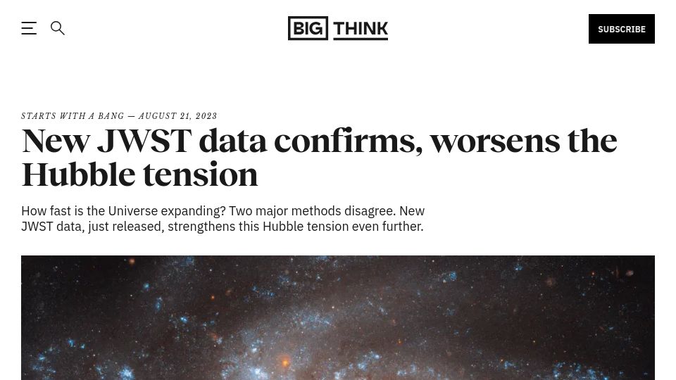 Screenshot of bigthink.com: New JWST data confirms, worsens the Hubble tension