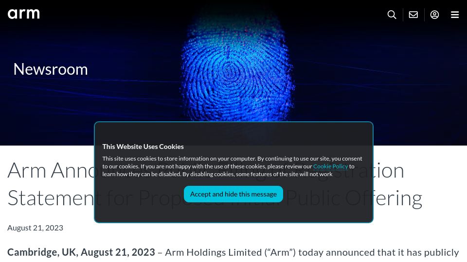 Screenshot of arm.com: Arm Announces Public Filing for Proposed Initial Public Offering