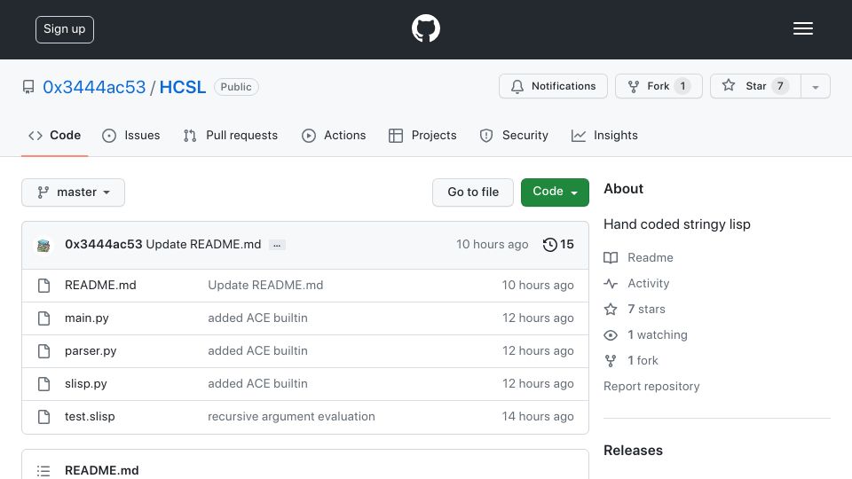 Screenshot of github.com: Hand Coded SLisp