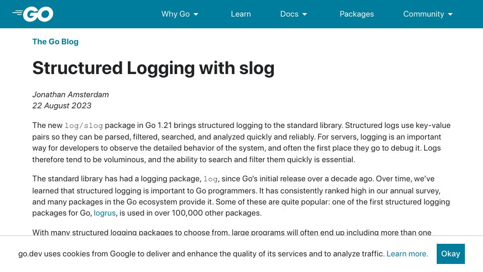 Screenshot of go.dev: Structured logging with slog