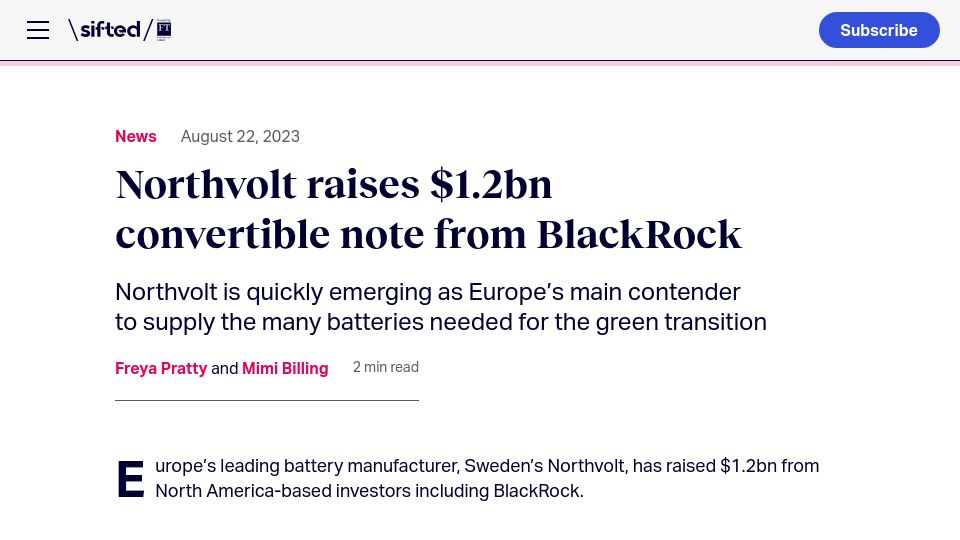 Screenshot of sifted.eu: Northvolt raises $1.2B convertible note from BlackRock