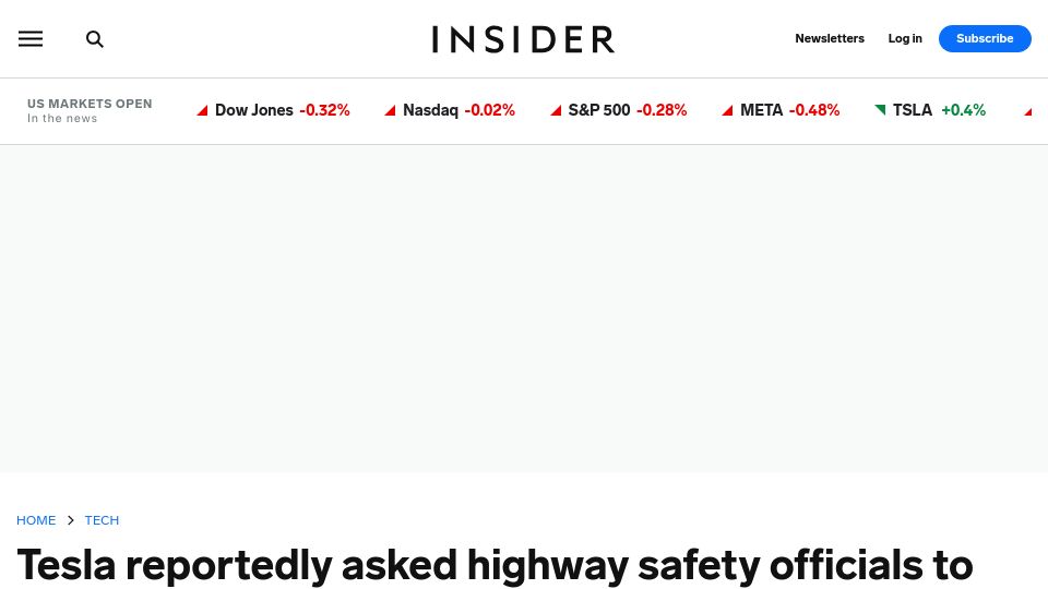 Screenshot of businessinsider.com: Tesla asked officials to redact info of driver-assistance in use during crashes