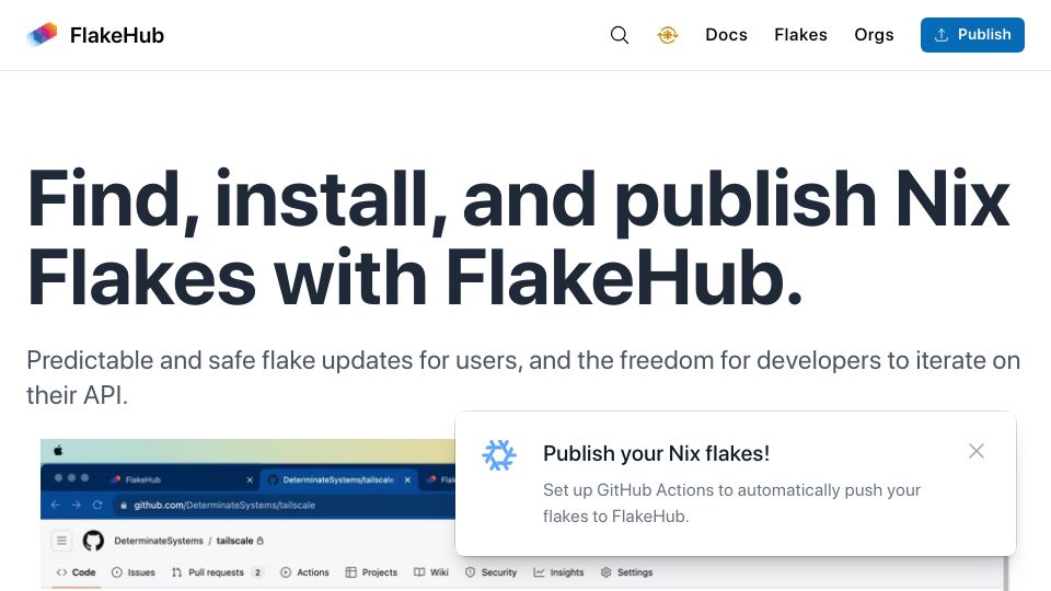 Screenshot of flakehub.com: Show HN: FlakeHub – Discover and publish Nix flakes