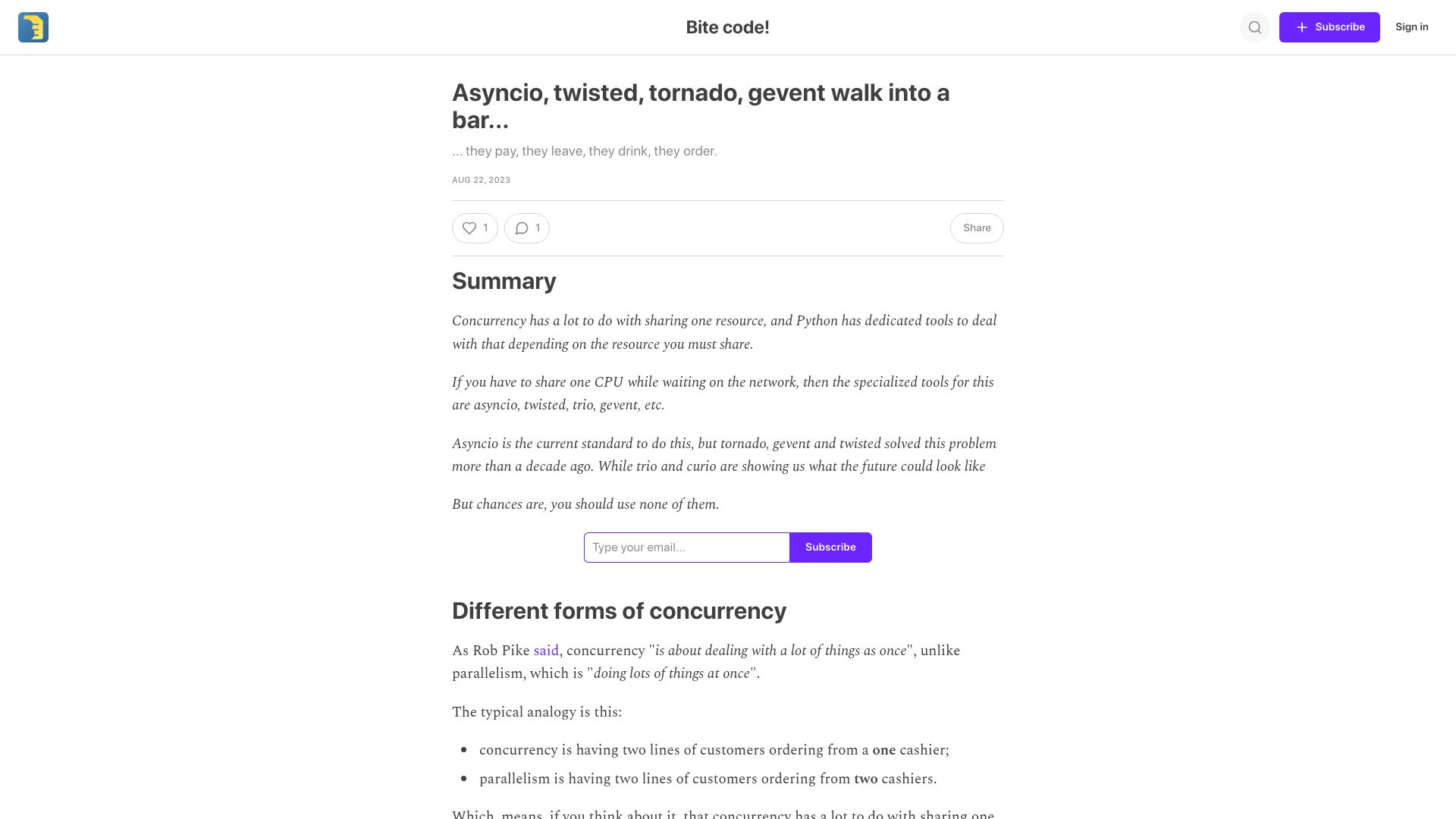 Screenshot of bitecode.dev: Asyncio, twisted, tornado, gevent walk into a bar