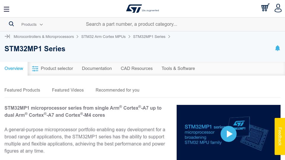 Screenshot of st.com: STM32 family grows to microprocessor/Linux level with STM32MP1