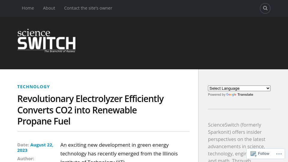 Screenshot of scienceswitch.com: Electrolyzer efficiently converts CO2 into renewable propane fuel