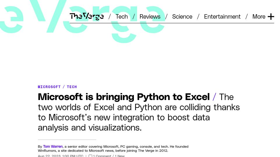 Screenshot of theverge.com: Microsoft is bringing Python to Excel