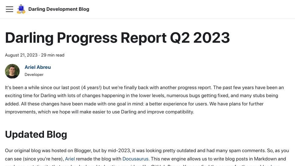 Screenshot of blog.darlinghq.org: Darling Progress Report Q2 2023