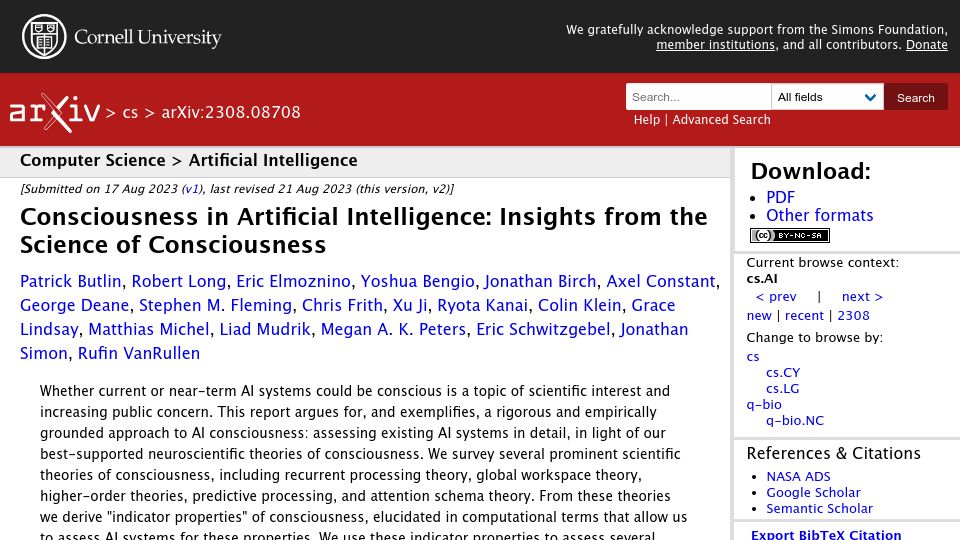 Screenshot of arxiv.org: Consciousness in AI: Insights from the Science of Consciousness
