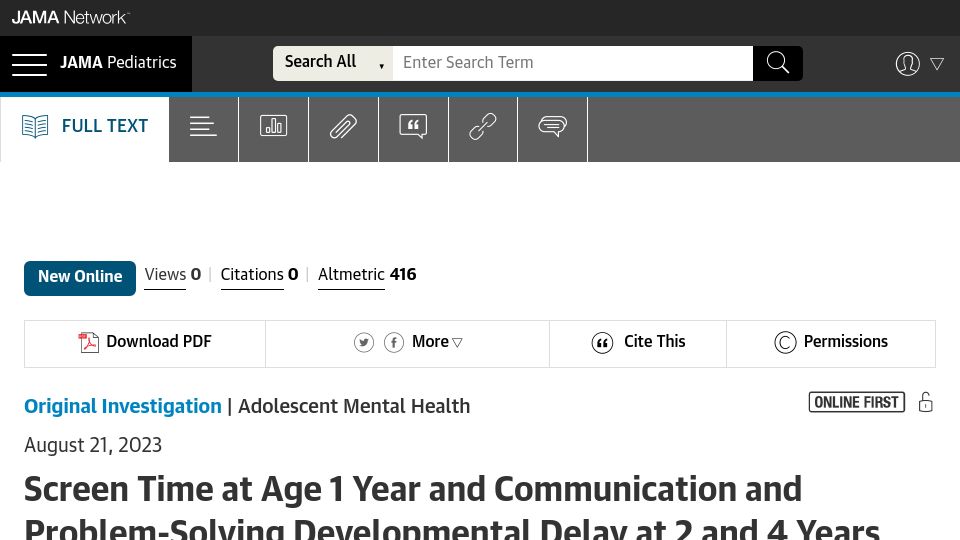 Screenshot of jamanetwork.com: Screen Time at Age 1 Year and Communication, Problem-Solving Developmental Delay