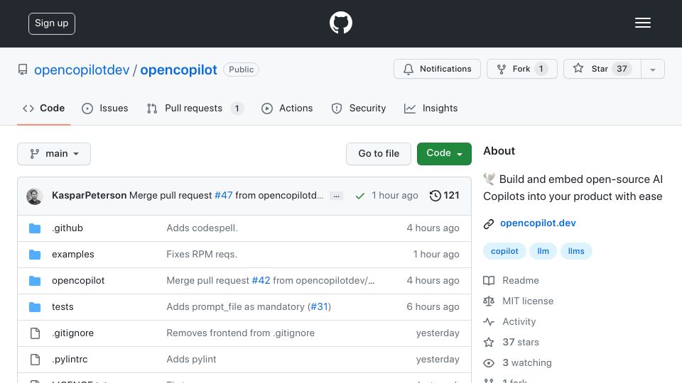 Screenshot of github.com: Show HN: OpenCopilot – Build and embed open-source AI copilots into your product