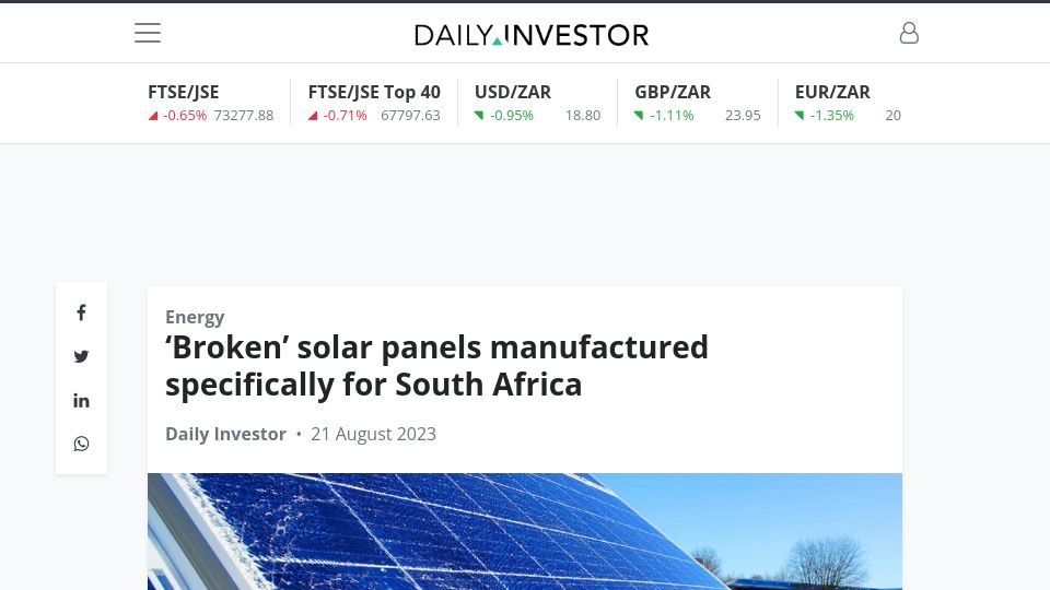 Screenshot of dailyinvestor.com: ‘Broken’ solar panels manufactured to deter criminals in South Africa