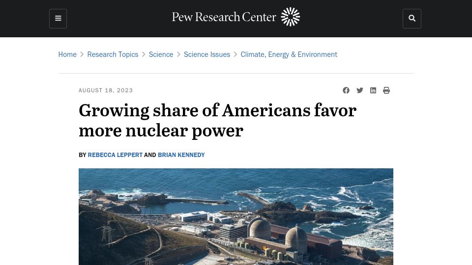Screenshot of pewresearch.org: Growing share of Americans favor more nuclear power