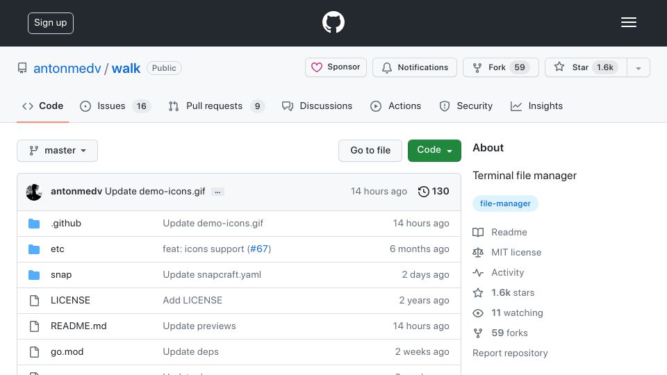 Screenshot of github.com: Antonmedv/walk: Terminal file manager