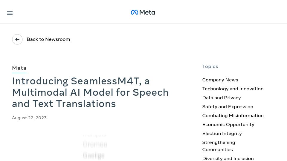 Screenshot of about.fb.com: SeamlessM4T, a Multimodal AI Model for Speech and Text Translation