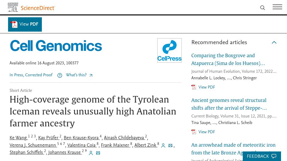 Screenshot of sciencedirect.com: Genome of the Tyrolean Iceman reveals unusually high Anatolian farmer ancestry