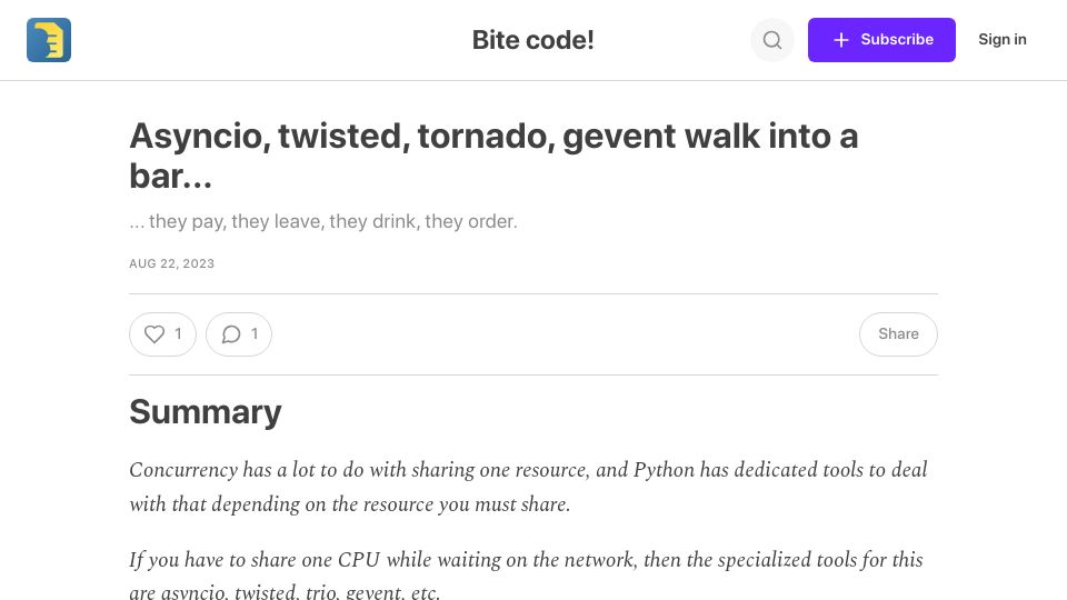 Screenshot of bitecode.dev: Asyncio, twisted, tornado, gevent walk into a bar