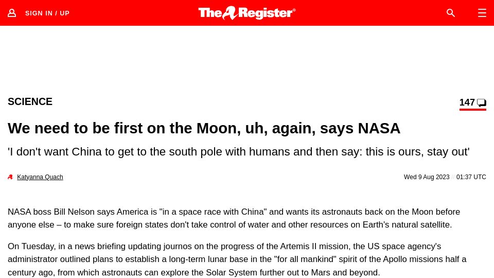 Screenshot of theregister.com: US must land astronauts on the Moon again