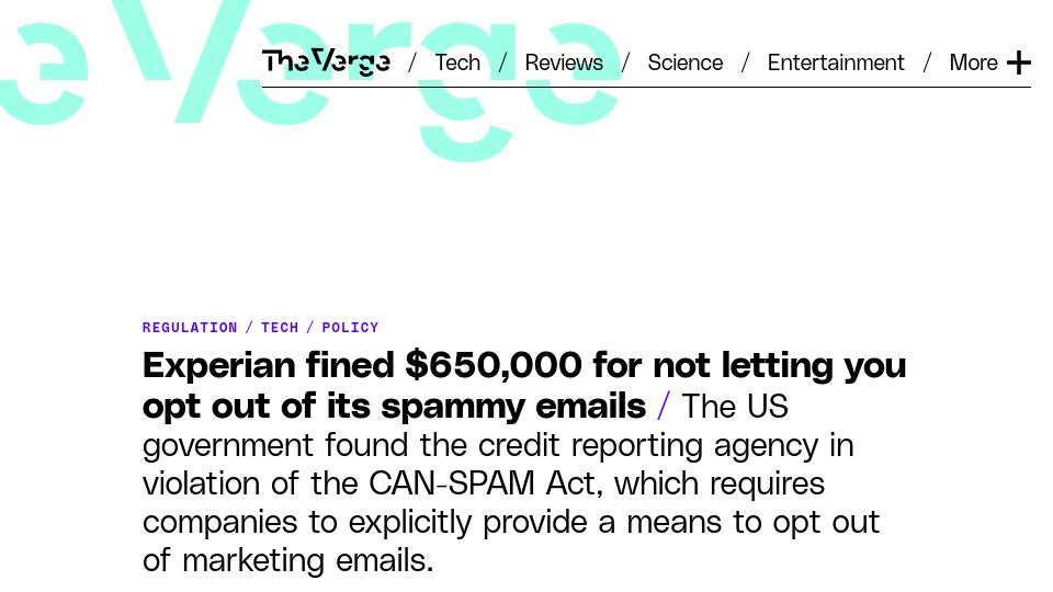Screenshot of theverge.com: Experian fined $650k for not letting you opt out of its spammy emails
