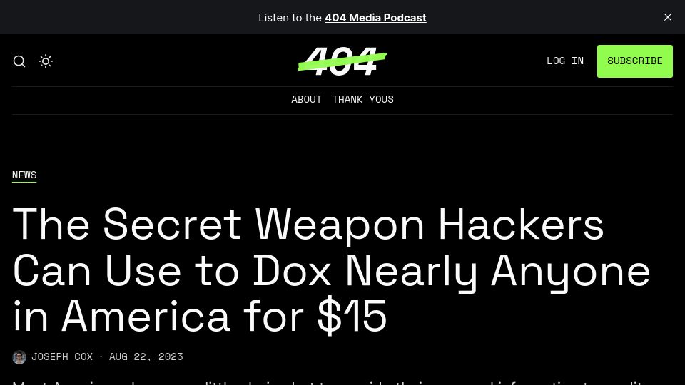 Screenshot of 404media.co: Hackers can use credit bureaus to dox nearly anyone in America