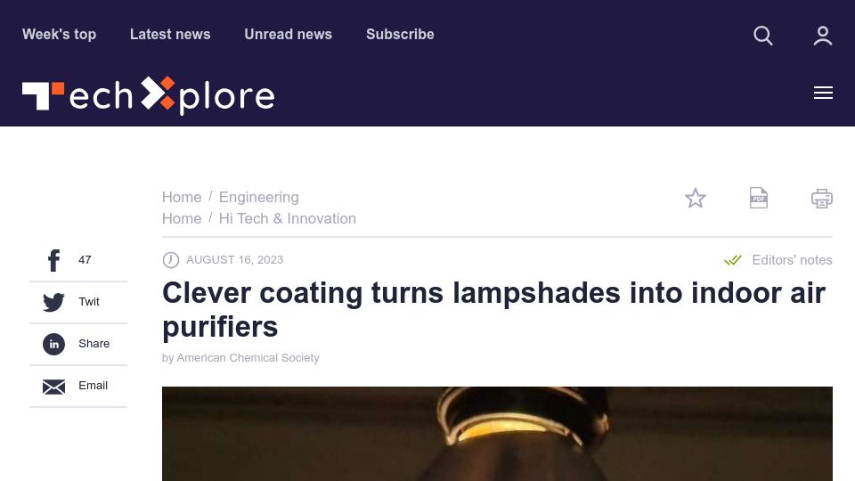 Screenshot of techxplore.com: Clever coating turns lampshades into indoor air purifiers