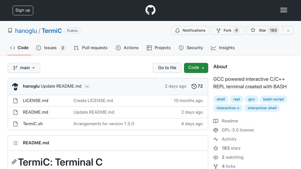 Screenshot of github.com: TermiC: Terminal C, Interactive C/C++ REPL shell created with bash