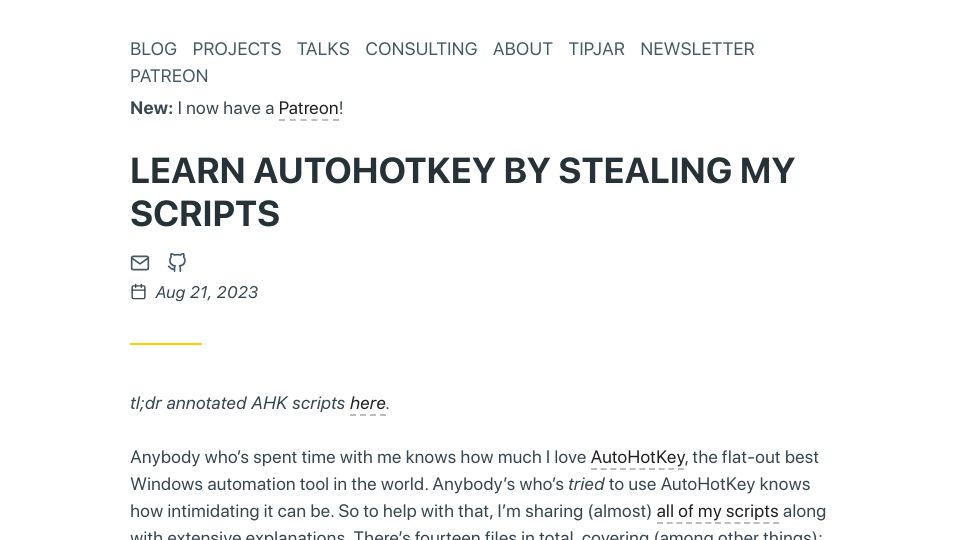 Screenshot of hillelwayne.com: Learn AutoHotKey by stealing my scripts