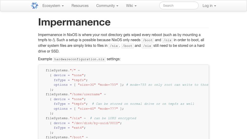 Screenshot of nixos.wiki: Impermanence