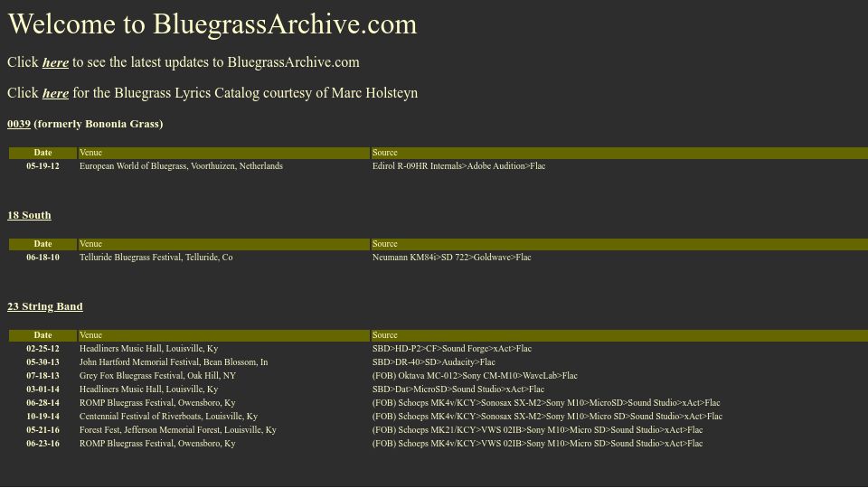 Screenshot of bluegrassarchive.com: Bluegrass Archive