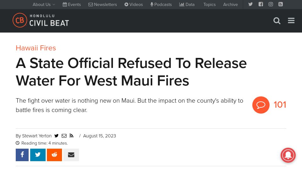 Screenshot of civilbeat.org: A State Official Refused to Release Water for West Maui Fires